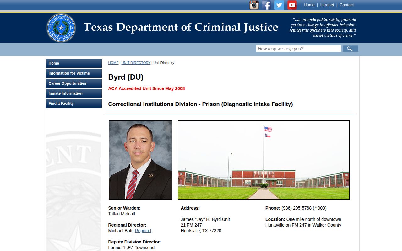 James “Jay” H. Byrd Unit official TDCJ release record source