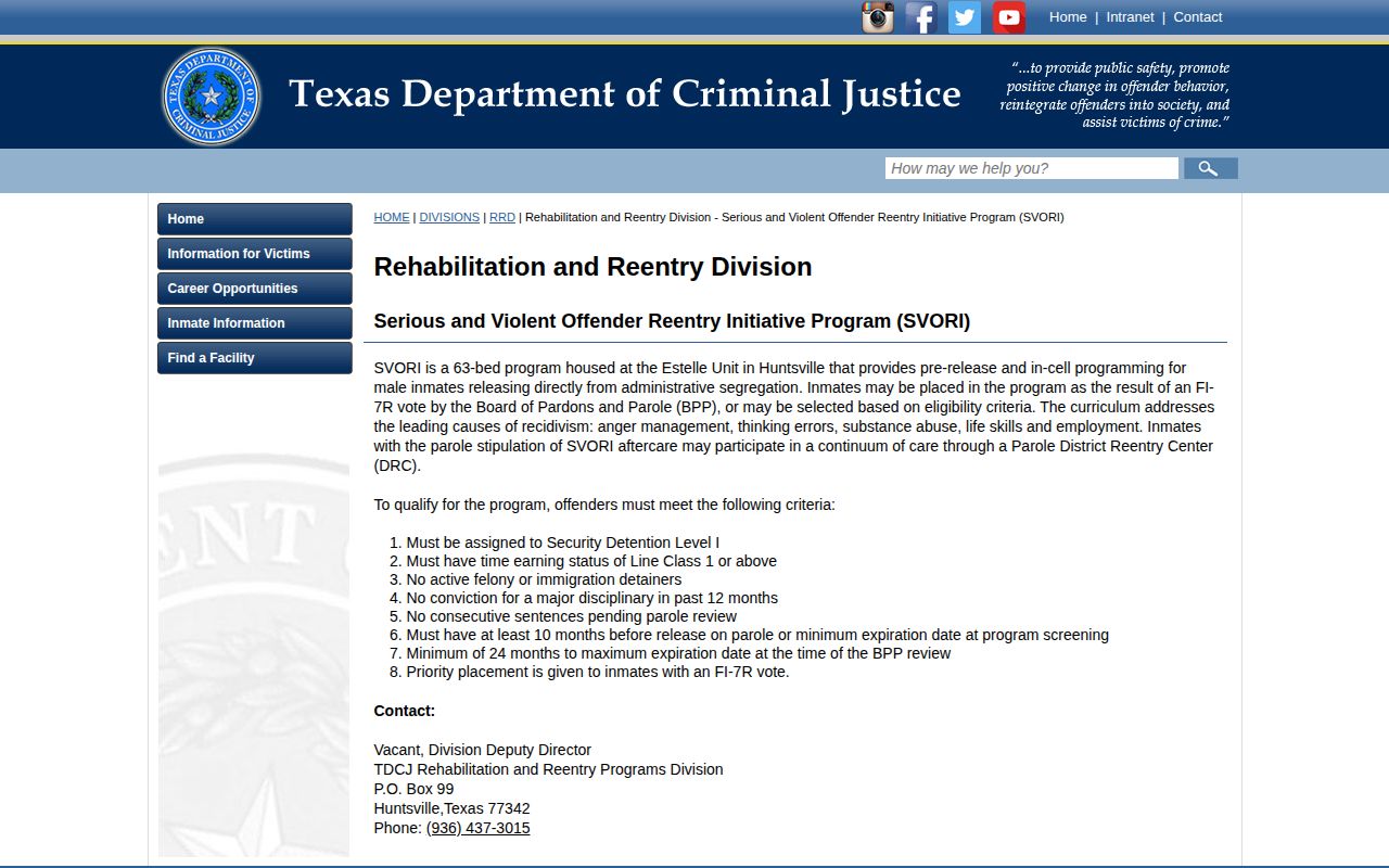 W. J. Estelle Unit TDCJ reentry and release planning source