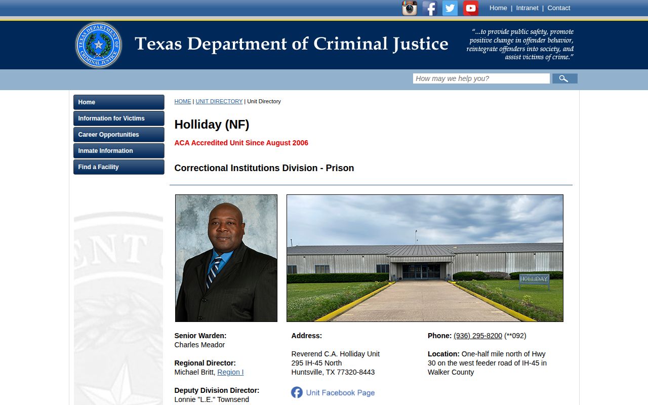 Reverend C.A. Holliday Unit official TDCJ release record source
