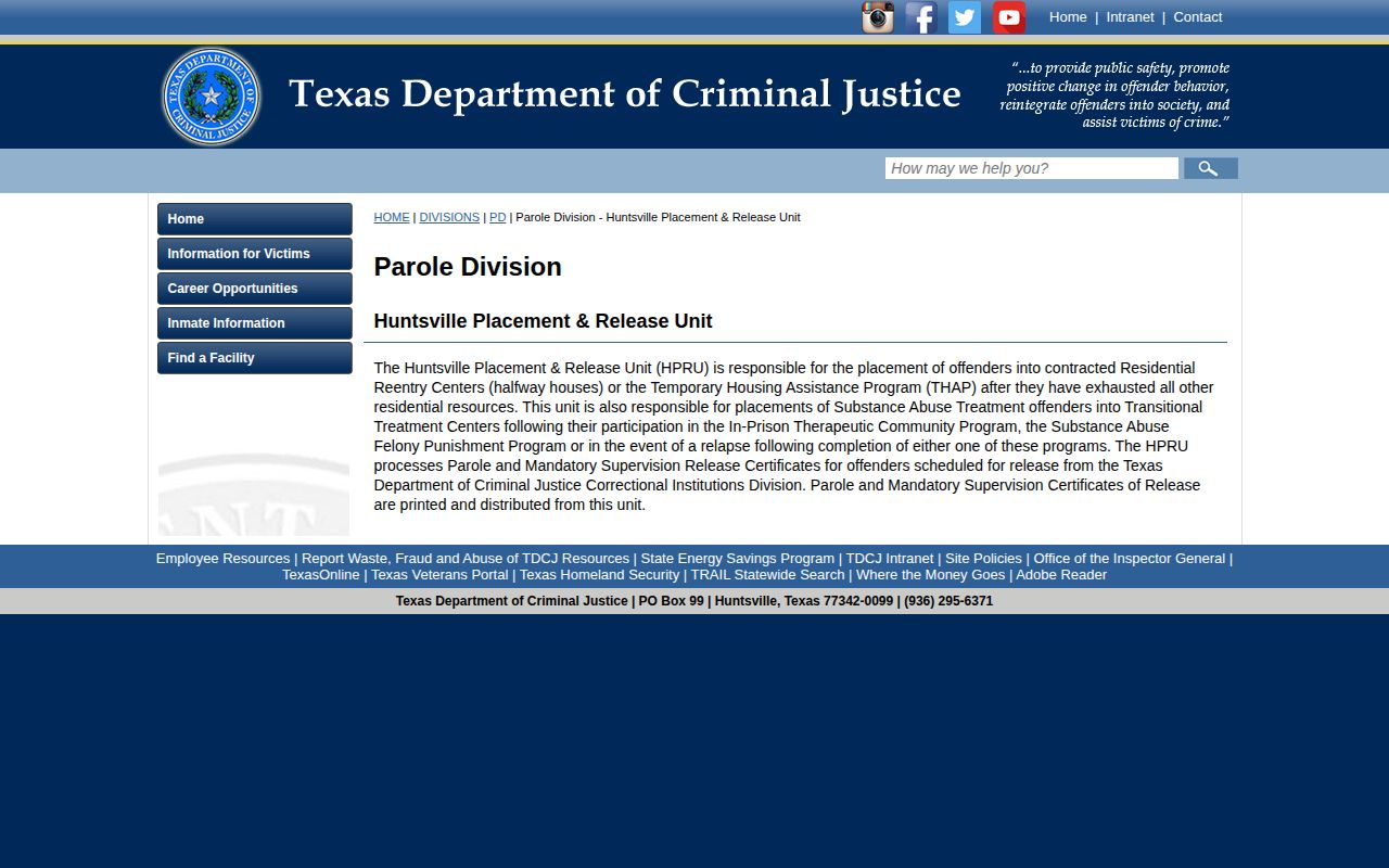 Huntsville Unit TDCJ reentry and release planning source