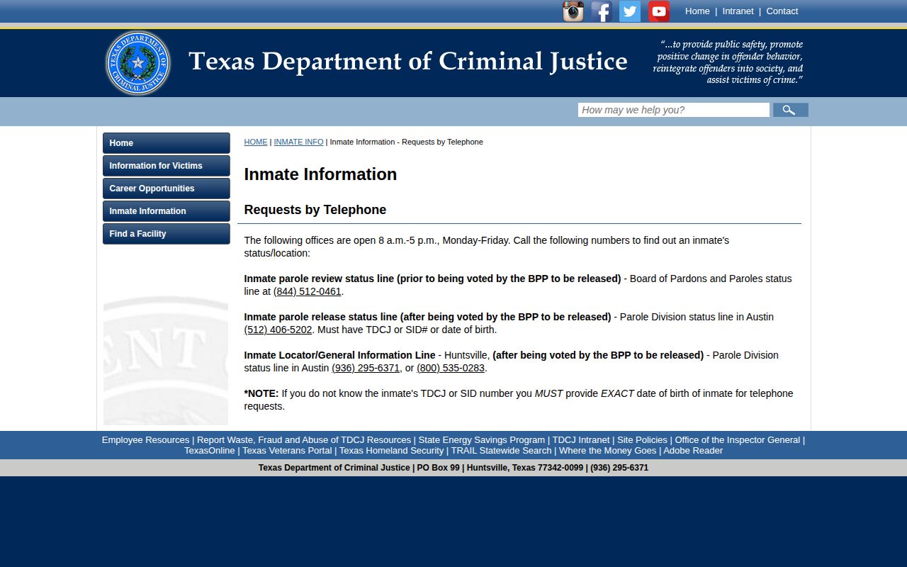 TDCJ telephone channels for projected release and parole status