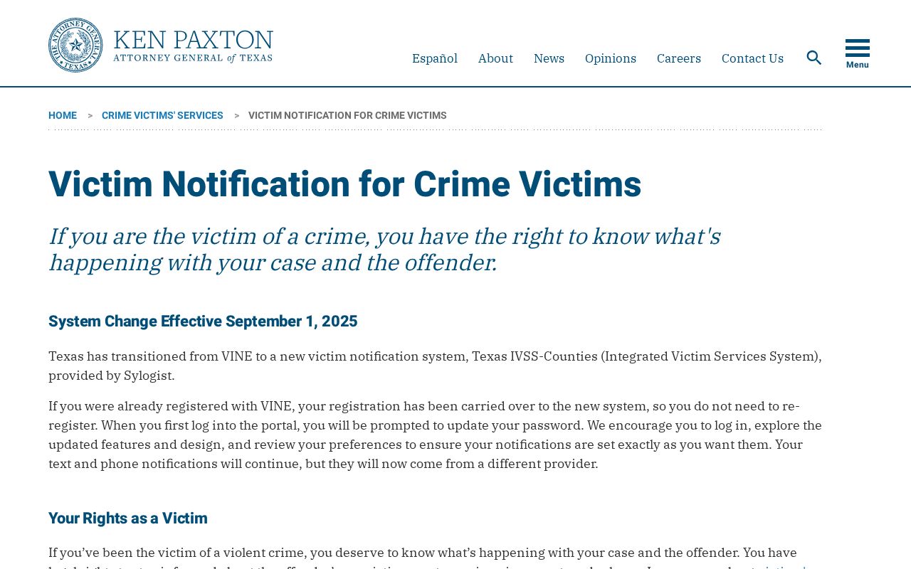 Texas victim notification page explaining the move from VINE to IVSS