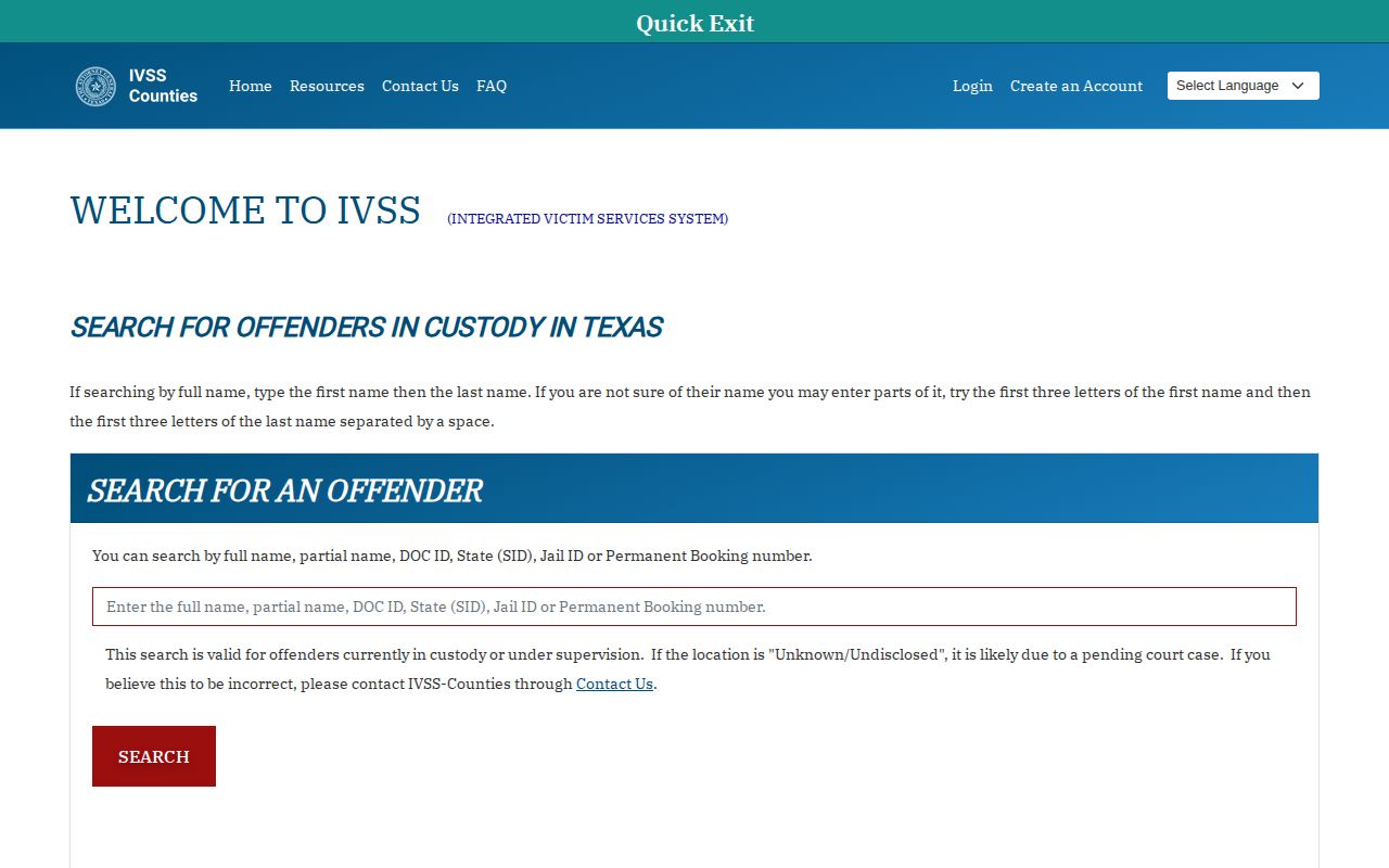 Texas IVSS Counties search screen for a Walker County inmate check